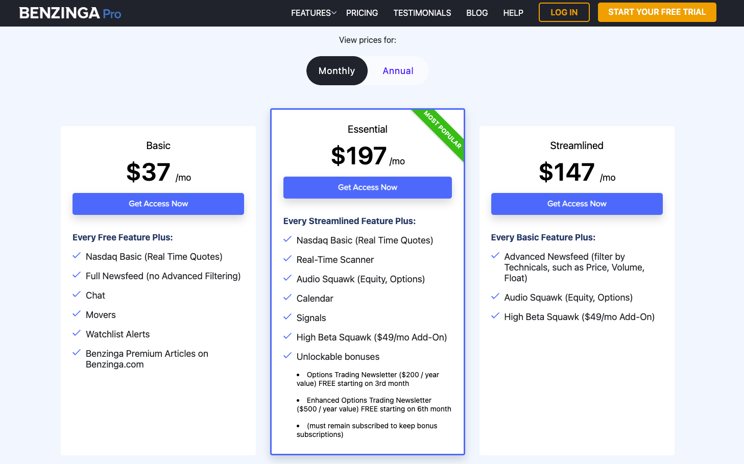 Benzinga Pro monthly pricing