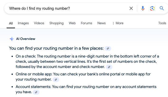 Where Do I Find My Routing Number AI Overview | Source: Google